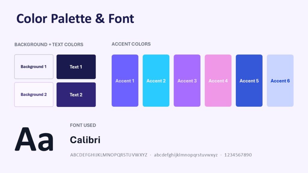 Human AI Connection color palette slide for PowerPoint and Google Slides showing custom accents and Calibri font.