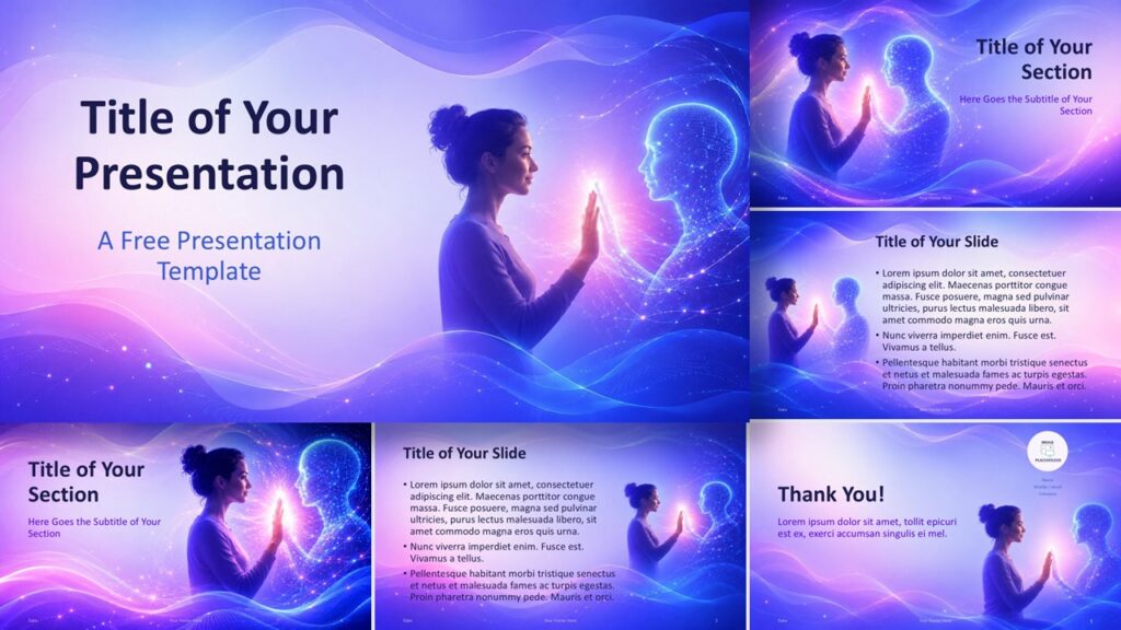 Human AI Connection template for PowerPoint and Google Slides with all slides shown in a futuristic digital layout.