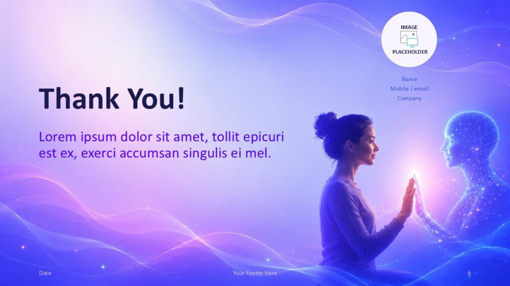 Human AI Connection thank you slide for PowerPoint and Google Slides with contact area and futuristic AI visual.