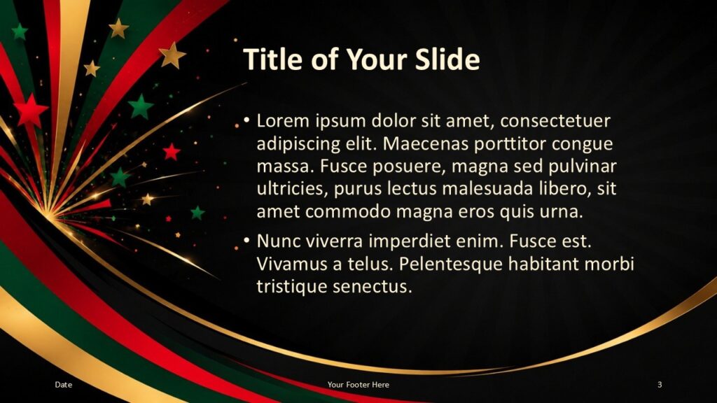 Juneteenth Starburst centered slide for PowerPoint and Google Slides with clear text space, stars, and ribbons.