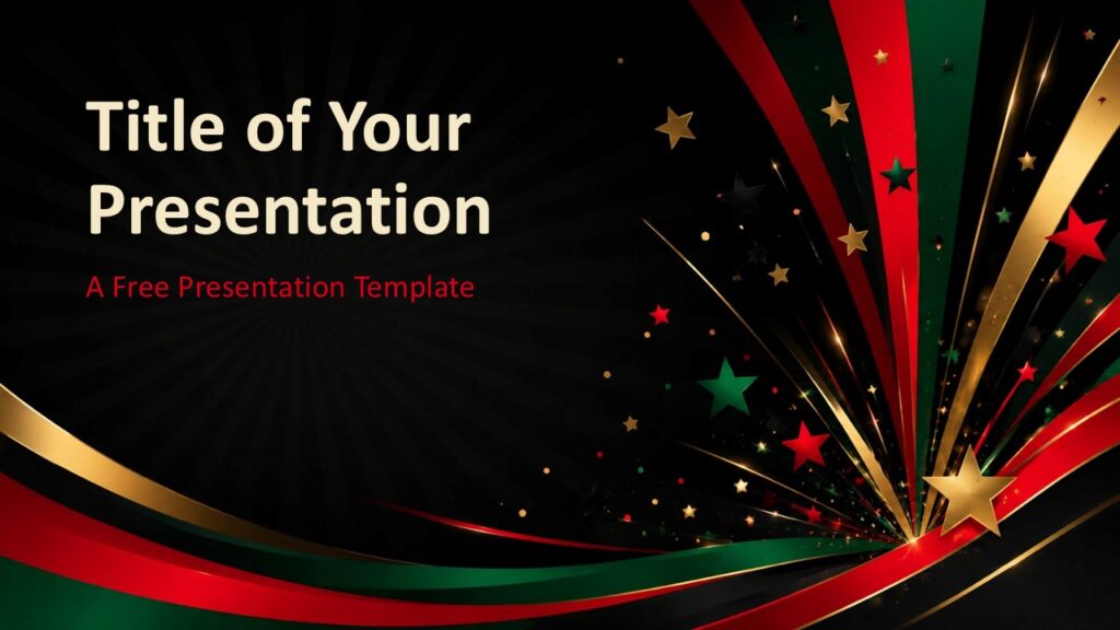 Juneteenth Starburst cover slide for PowerPoint and Google Slides with bold title area, ribbons, stars, and gold details.