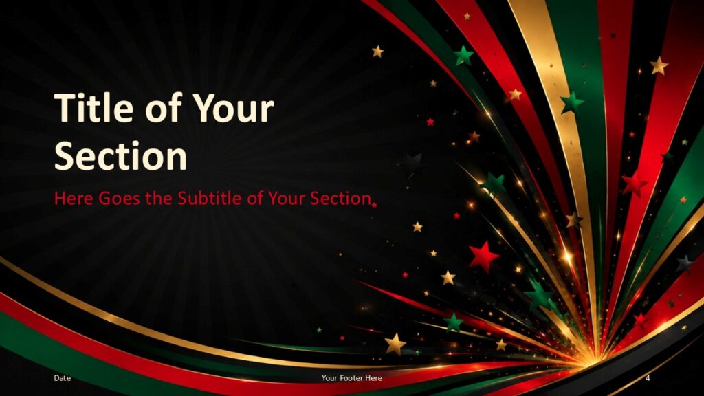 Juneteenth Starburst section divider for PowerPoint and Google Slides with large title text, red subtitle, and golden rays.