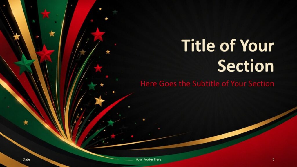 Juneteenth Starburst divider slide for PowerPoint and Google Slides with centered title, red subtitle, stars, and ribbons.