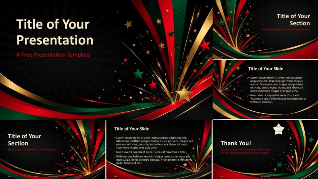 Juneteenth Starburst Template for PowerPoint and Google Slides with six festive layouts, ribbons, stars, and gold accents.