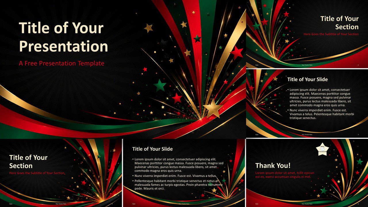 Juneteenth Starburst Template for PowerPoint and Google Slides with six festive layouts, ribbons, stars, and gold accents.