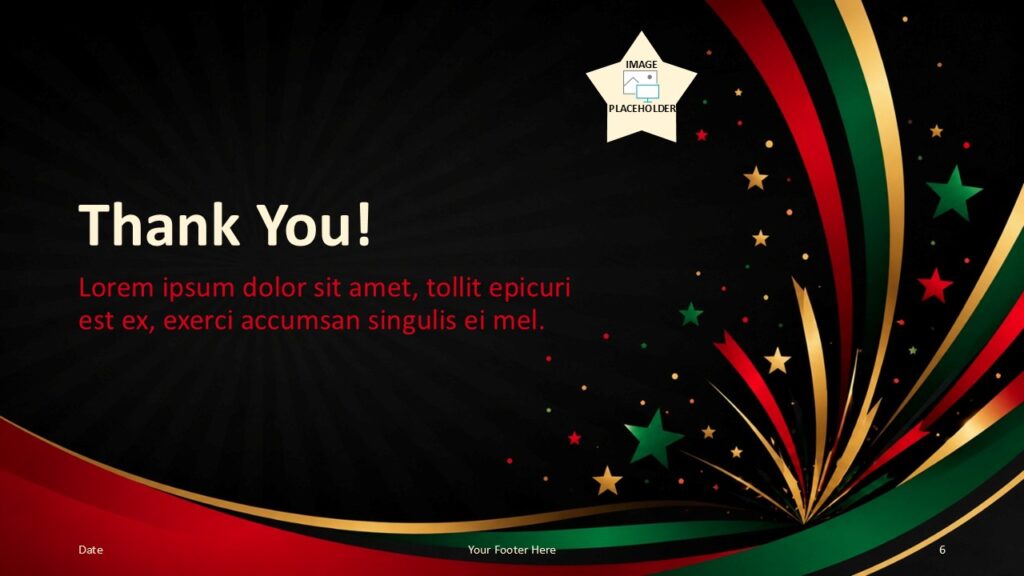 Juneteenth Starburst thank you slide for PowerPoint and Google Slides with closing message, star shape, and festive ribbons.
