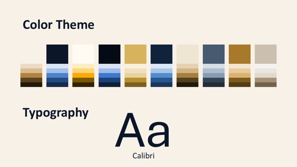 Navy Gold Luxe Palette PowerPoint Google Slides Template Navy Gold Luxe color palette and fonts slide for PowerPoint and Google Slides with navy, ivory, gold, and beige tones.