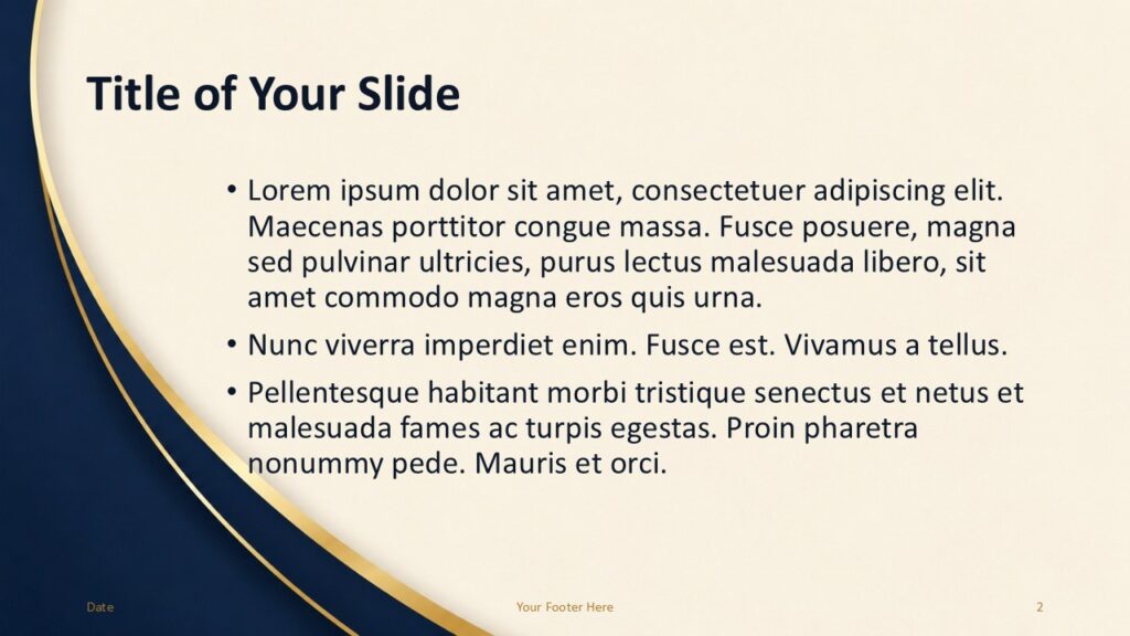 Navy Gold Luxe Content 1 PowerPoint Google Slides Template Navy Gold Luxe title and content slide for PowerPoint and Google Slides with ivory text area and curved gold framing.