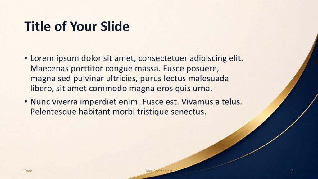 Navy Gold Luxe Content 2 PowerPoint Google Slides Template Navy Gold Luxe alternate content slide for PowerPoint and Google Slides with open layout, corner curve, and gold accent.