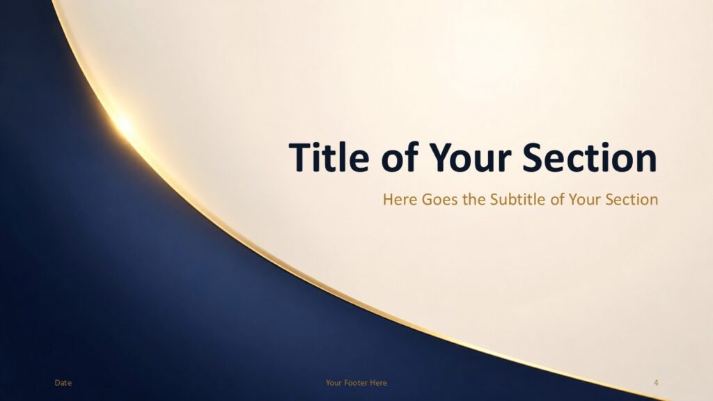 Navy Gold Luxe Divider 1 PowerPoint Google Slides Template Navy Gold Luxe section divider for PowerPoint and Google Slides with centered title, ivory curve, and navy base.