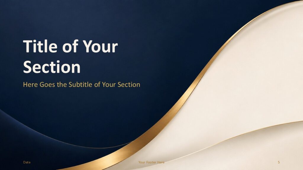 Navy Gold Luxe Divider 2 PowerPoint Google Slides Template Navy Gold Luxe transition divider for PowerPoint and Google Slides with dark navy panel, ivory curve, and gold line.