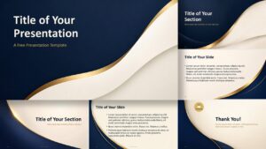 Navy Gold Luxe PowerPoint and Google Slides template with navy curves, ivory areas, and gold accents for business decks.