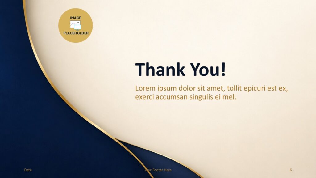 Navy Gold Luxe Thank You PowerPoint Google Slides Template Navy Gold Luxe thank you slide for PowerPoint and Google Slides with image placeholder, closing text, and gold curve.