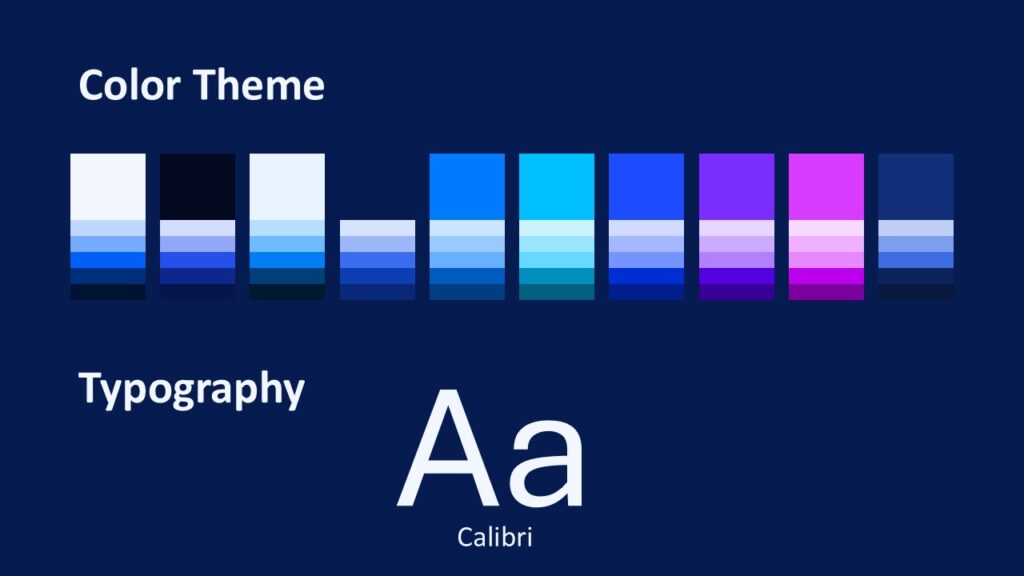 Neon Tech PowerPoint & Google Slides Colors & Fonts Neon Tech color palette and fonts slide for PowerPoint and Google Slides template with blues, cyan, violet, and magenta.