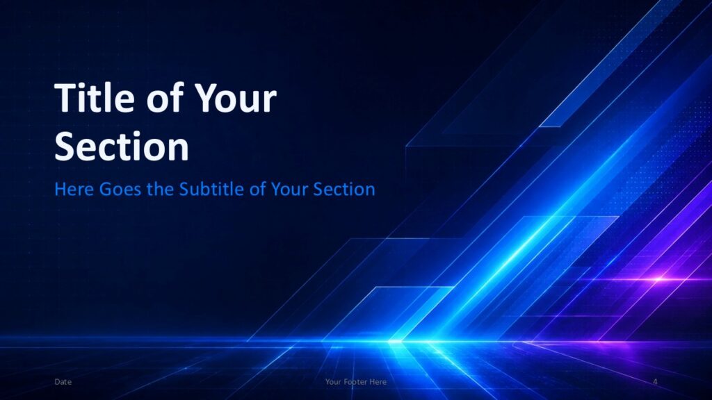 Neon Tech PowerPoint & Google Slides Section 1 Neon Tech section divider for PowerPoint and Google Slides template with large title, cyan subtitle, and angular glow.