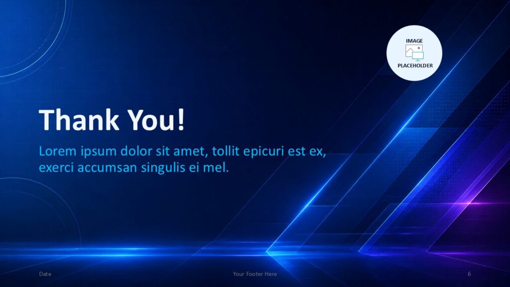 Neon Tech PowerPoint & Google Slides Thank You Neon Tech thank you slide for PowerPoint and Google Slides template with closing message and image placeholder area.