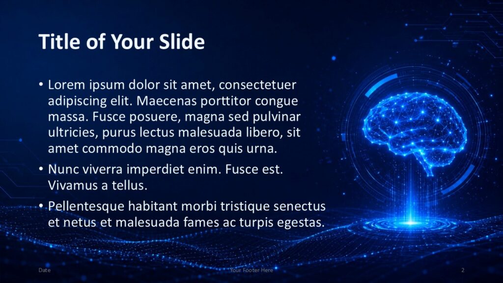 Neural Intelligence content slide template for PowerPoint and Google Slides with bullets, AI brain visual, and tech layout.