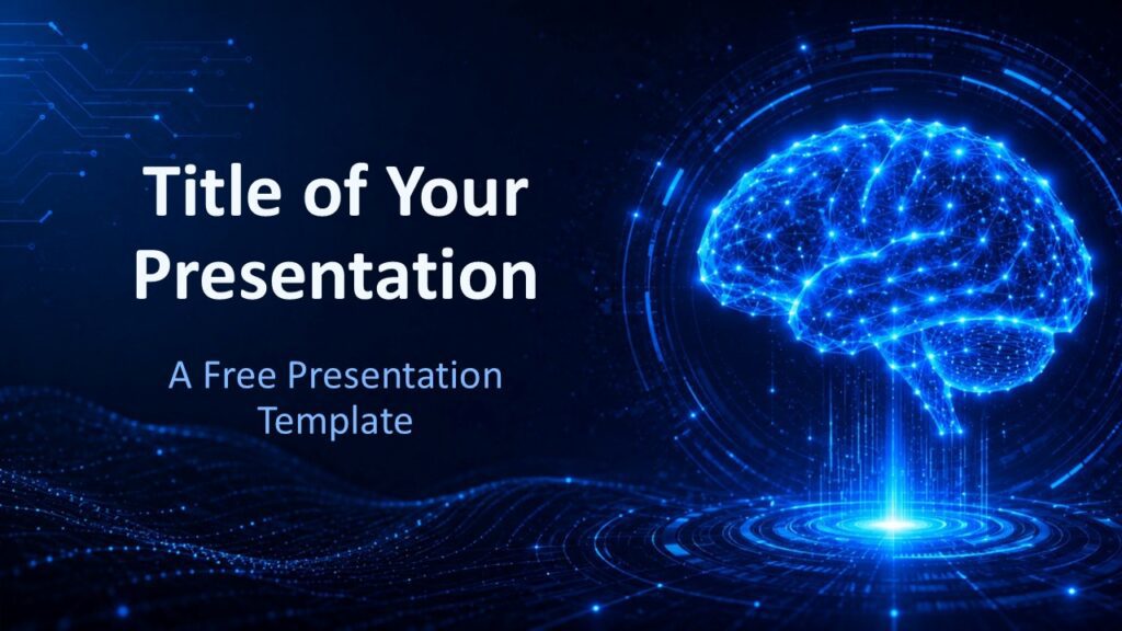 Neural Intelligence cover slide template for PowerPoint and Google Slides with glowing AI brain artwork and bold title area.