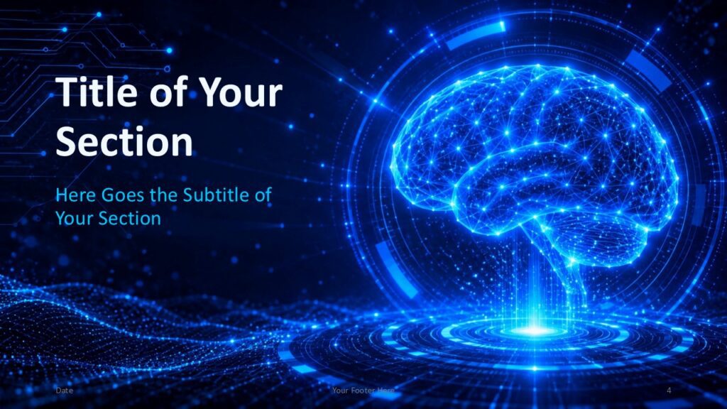 Neural Intelligence section divider template for PowerPoint and Google Slides with large title space and electric blue brain.