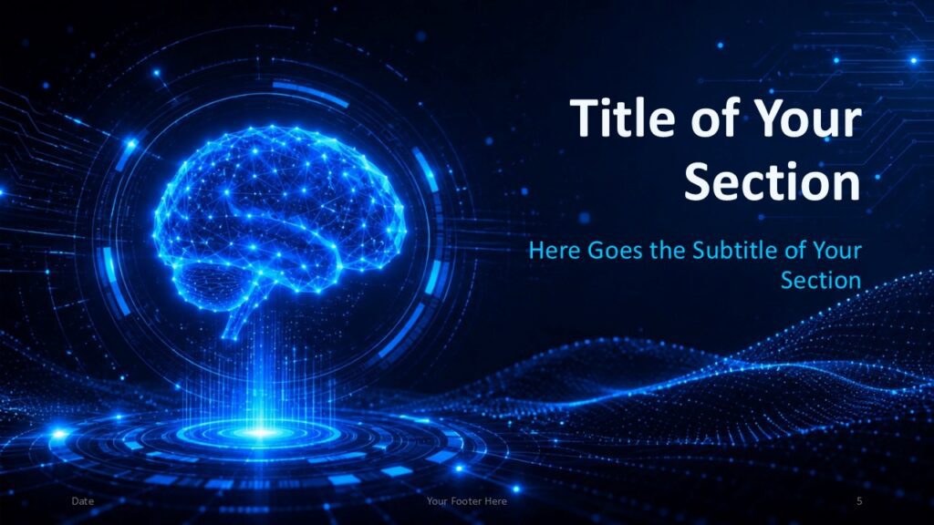 Neural Intelligence second section divider for PowerPoint and Google Slides template with AI brain focus and cyan subtitle.