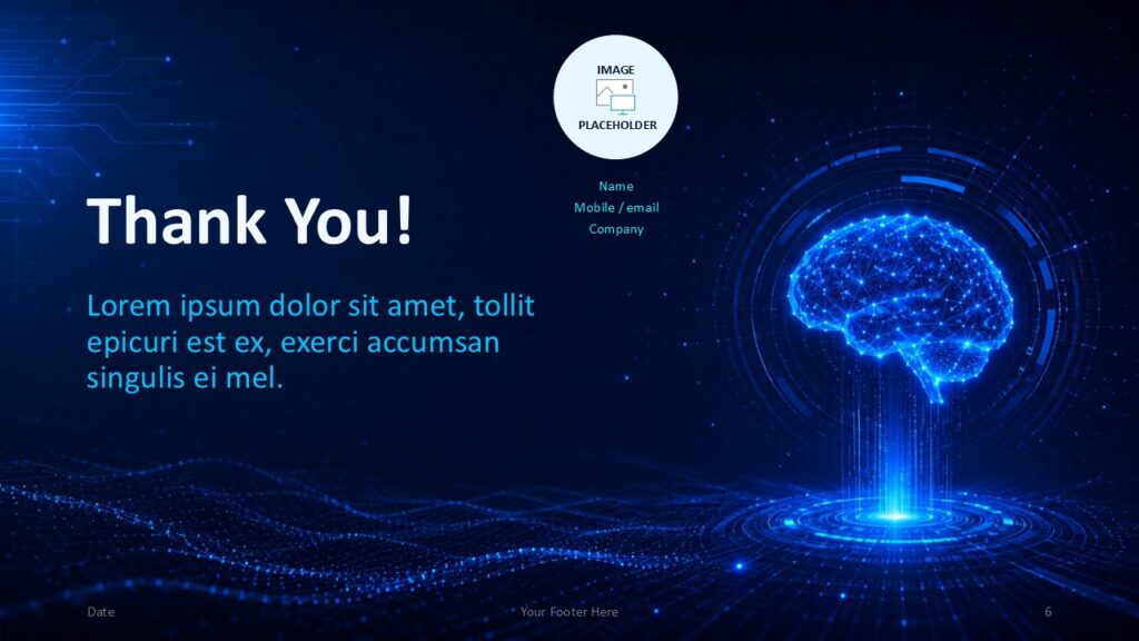 Neural Intelligence thank you slide template for PowerPoint and Google Slides with AI brain graphic and closing message area.