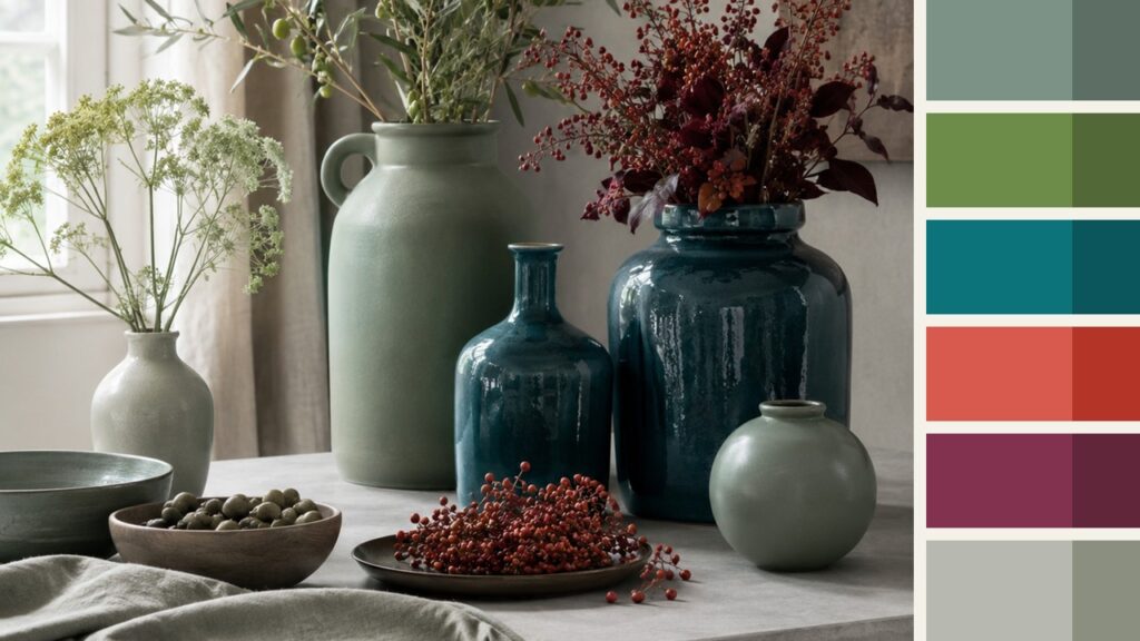 Botanical still life with ceramic vases, flowers, berries, and matching Nordic Botanica color swatches