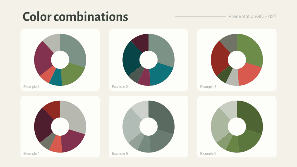 Six donut pie chart examples showing different Nordic Botanica color combinations for presentation slides