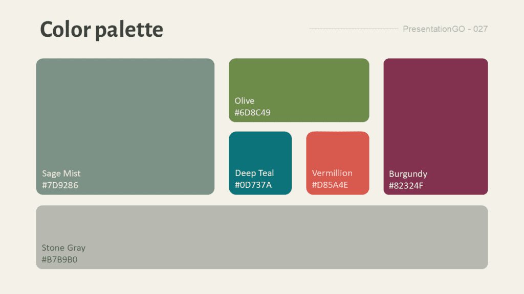 Nordic Botanica color palette showing Sage Mist, Olive, Deep Teal, Vermillion, Burgundy, and Stone Gray with hex codes
