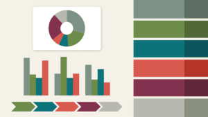 Nordic Botanica PowerPoint color palette with donut chart, bar charts, chevron arrows, and coordinating color swatches