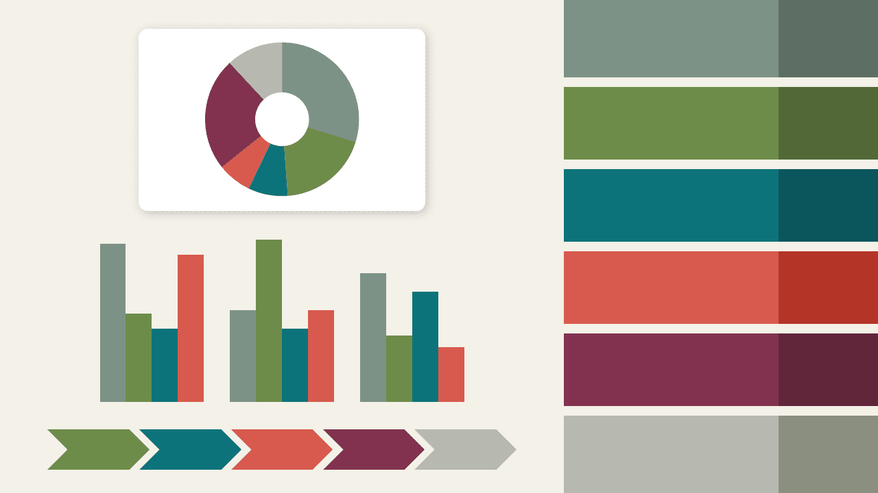 Nordic Botanica PowerPoint color palette with donut chart, bar charts, chevron arrows, and coordinating color swatches