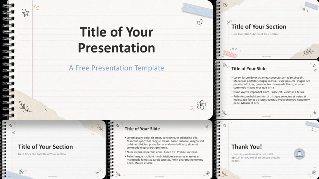 Notebook Doodles template for PowerPoint and Google Slides with lined paper layouts, doodles, and soft stationery colors.