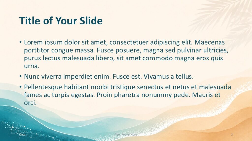 Ocean Breeze PowerPoint & Google Slides Content Template 1 Ocean Breeze PowerPoint and Google Slides content template slide with teal bullets, coastal waves, and spacious text layout.