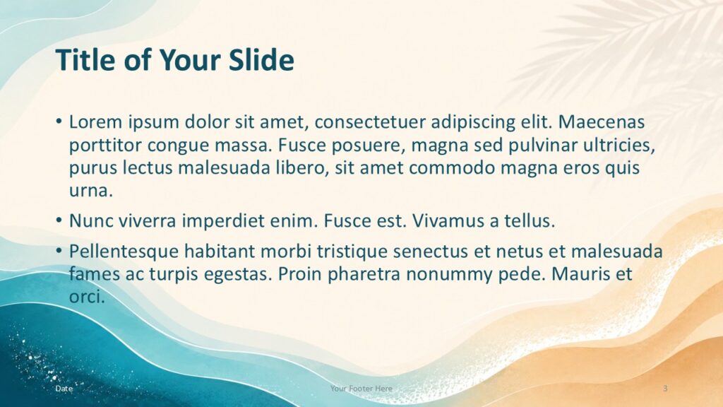 Ocean Breeze PowerPoint & Google Slides Content Template 2 Ocean Breeze PowerPoint and Google Slides content template slide with aqua accents, sand tones, and editable text areas.