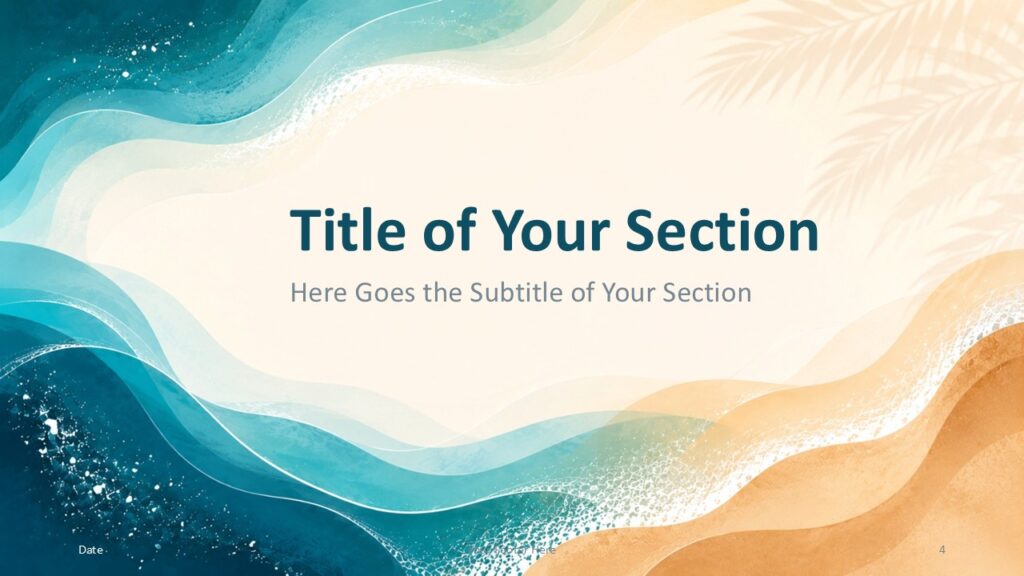 Ocean Breeze PowerPoint & Google Slides Divider Template 1 Ocean Breeze PowerPoint and Google Slides divider template slide with centered title, waves, and coastal style.
