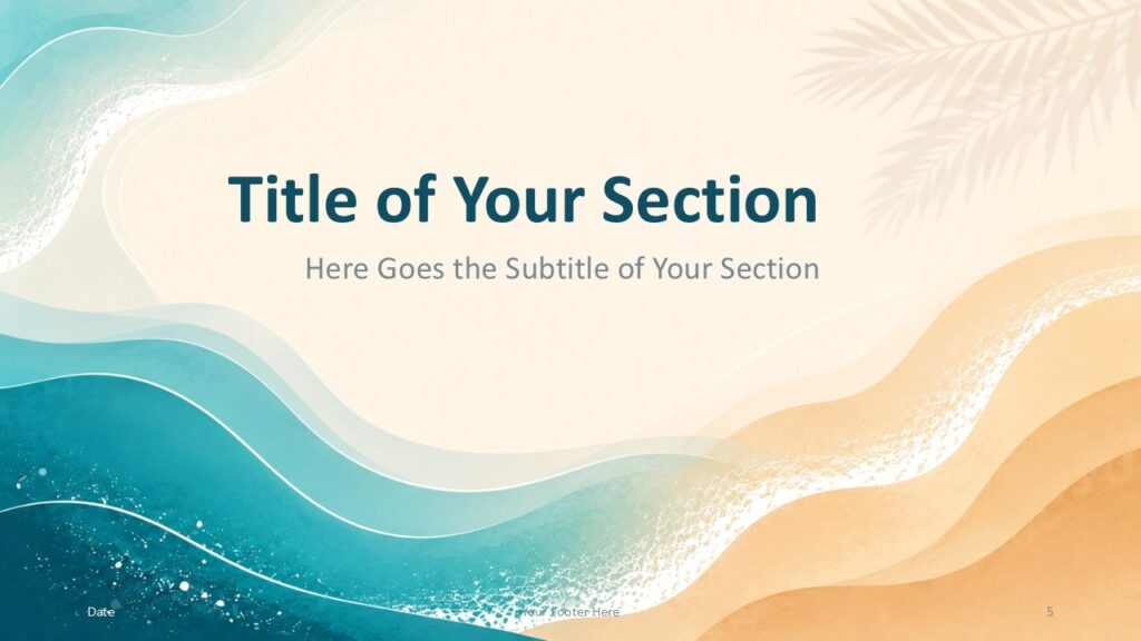 Ocean Breeze PowerPoint & Google Slides Divider Template 2 Ocean Breeze PowerPoint and Google Slides divider template slide with airy cream space, teal waves, and sand accents.