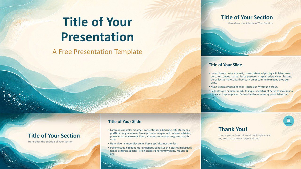 Ocean Breeze PowerPoint and Google Slides template with calm watercolor waves, coastal colors, and complete slide set.