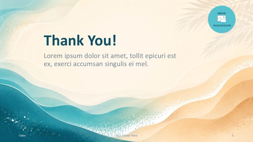 Ocean Breeze PowerPoint & Google Slides Thank You Template Ocean Breeze PowerPoint and Google Slides thank you template slide with coastal waves, closing text, and image placeholder.
