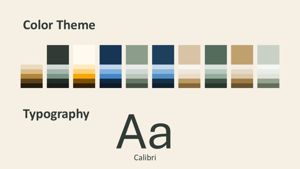 Organic Layers color palette and fonts slide for PowerPoint and Google Slides template with earthy tones and Calibri.