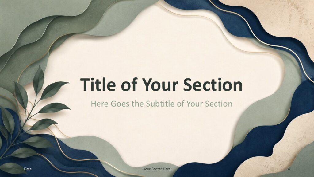 Organic Layers section divider for PowerPoint and Google Slides template with layered waves, leaves, and centered text.