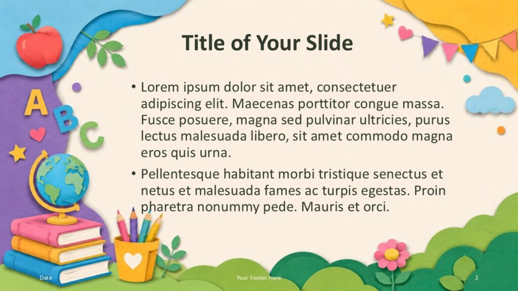 Playful Learning PowerPoint Google Slides Content 1 Title and content slide for Playful Learning PowerPoint and Google Slides template with left school accents and clear text