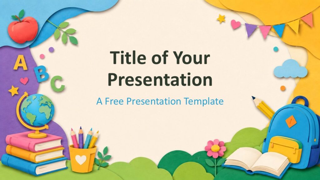 Playful Learning PowerPoint Google Slides Cover Cover slide for Playful Learning PowerPoint and Google Slides template with paper school supplies and warm classroom mood