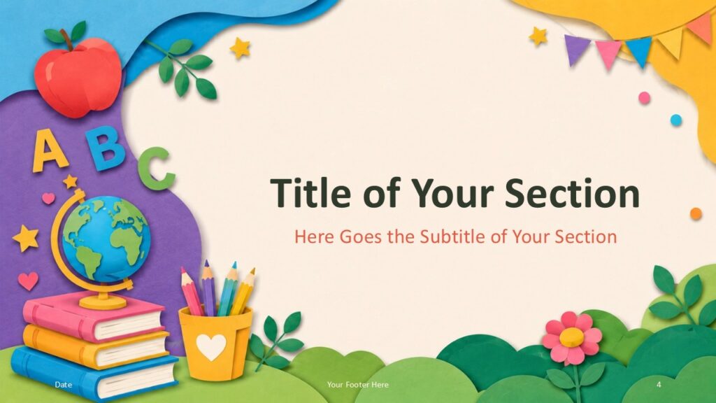 Playful Learning PowerPoint Google Slides Divider 1 Section divider for Playful Learning PowerPoint and Google Slides template with books, globe, pencils, and warm class style