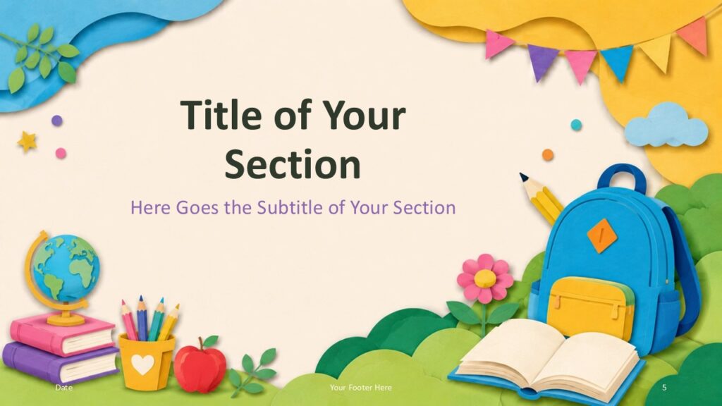 Playful Learning PowerPoint Google Slides Divider 2 Centered section divider for Playful Learning PowerPoint and Google Slides template with backpack, book, and school scene