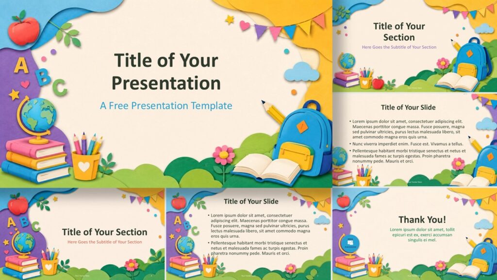 Playful Learning PowerPoint Google Slides Template Playful Learning template for PowerPoint and Google Slides with colorful school scenes, editable layouts, and classroom style