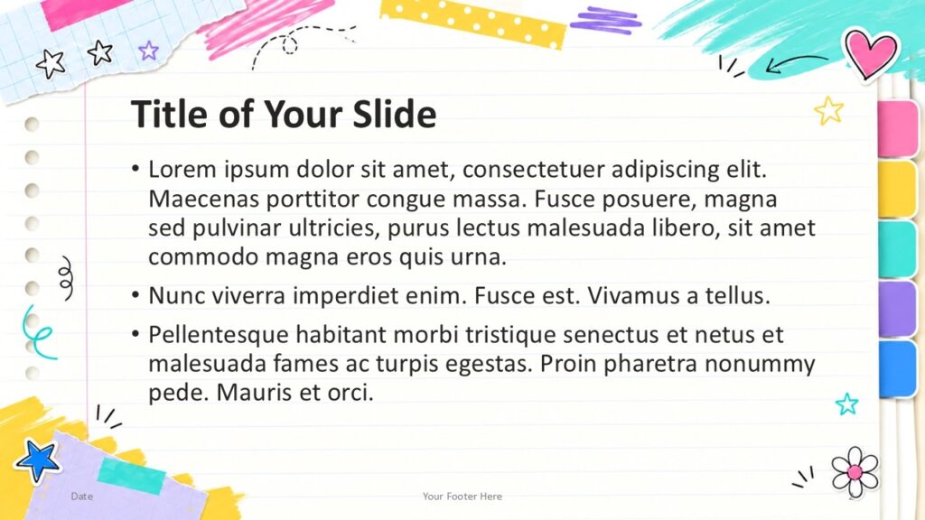 Playful School Notes Content 1 PowerPoint Google Slides Title and content slide for Playful School Notes PowerPoint and Google Slides template with bullets and notebook style.