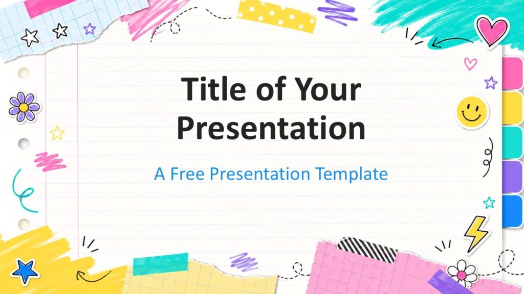 Playful School Notes Cover PowerPoint Google Slides Cover slide for the Playful School Notes PowerPoint and Google Slides template with bold title and colorful paper details.