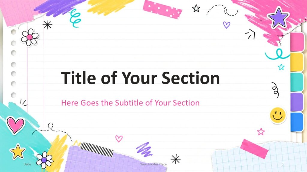 Playful School Notes Divider 2 PowerPoint Google Slides Second section divider for Playful School Notes PowerPoint and Google Slides template with pink subtitle and open space.