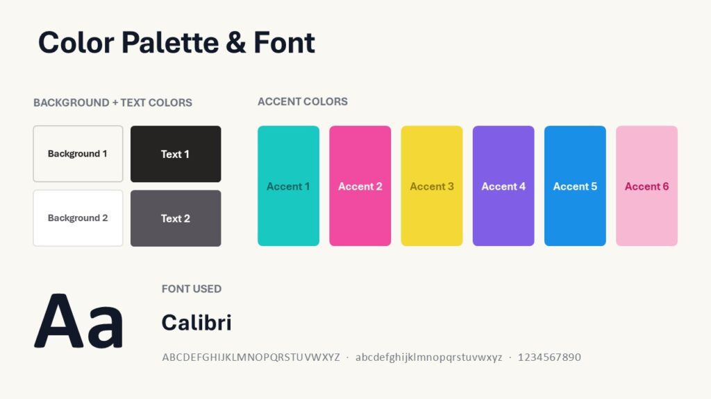 Playful School Notes Palette PowerPoint Google Slides Color palette and font slide for Playful School Notes PowerPoint and Google Slides template with bright accent colors.