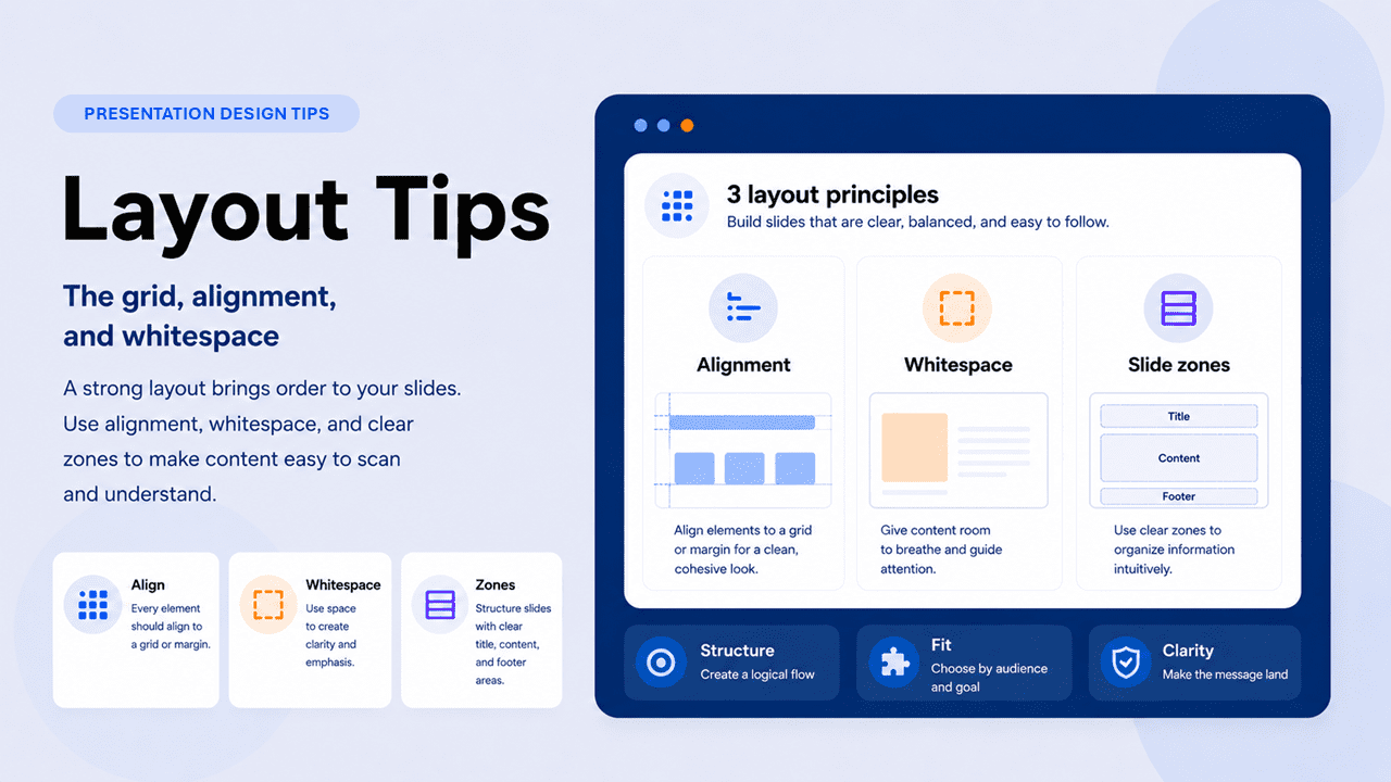 Presentation Layout Tips — Alignment, Whitespace, and Slide Zones Presentation layout tips showing three principles — alignment to a grid, whitespace for emphasis, and slide zones dividing title, content, and footer areas
