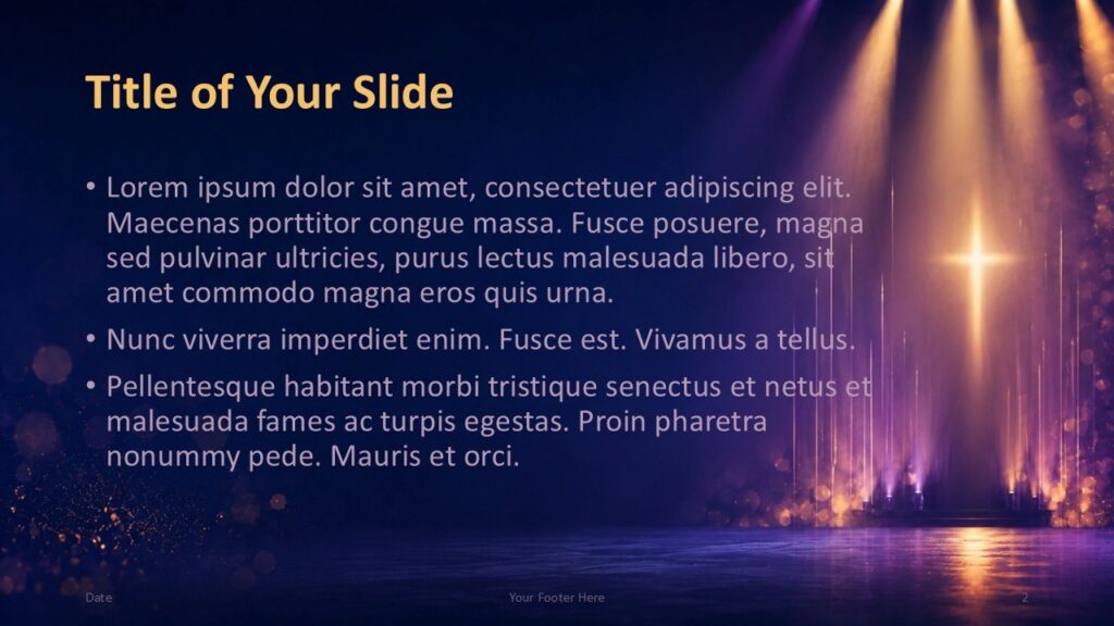 Radiant Cross Content 1 PowerPoint Google Slides Template Radiant Cross title and content slide for PowerPoint and Google Slides template with left text layout and cross lighting.